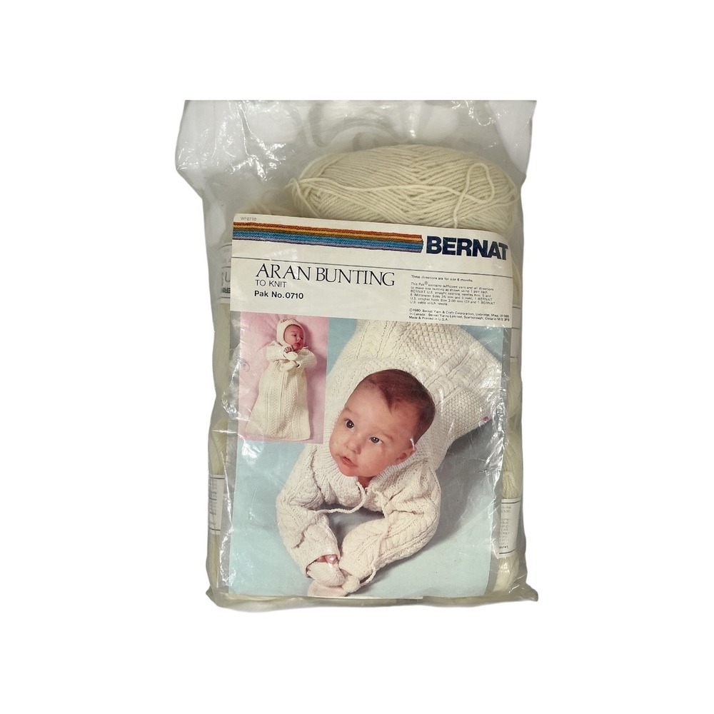 Bernat Aran Baby Bunting Knitting Kit Pak 0710 Yarn Pattern NOS 1980 Vintage